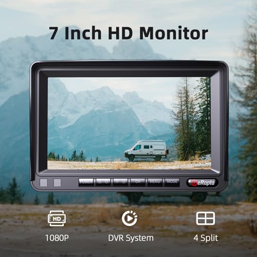 Image of eRapta HD 1080p Backup Camera System Kit, 7-inch Reversing Monitor with Quad Split Recording IP69 Waterproof, Rear View Side View Cameras, Backup Camera for RV Truck /Trailer /Tractor /Box /Camper Y0202