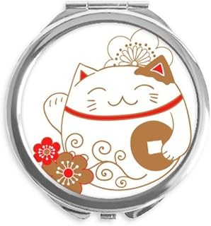 Japan Lucky Fortune Cat Flower Copper Hand Compact Mirror Round Portable Pocket Glass