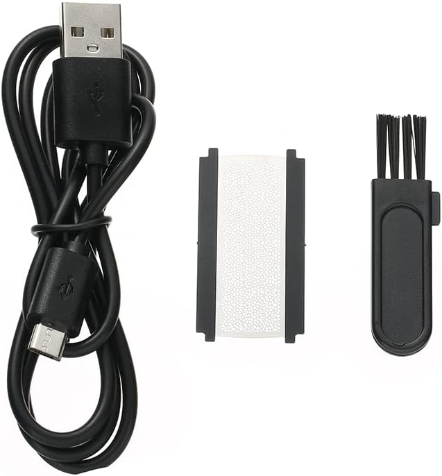 VGR Electric Shaver V-390 accessories including USB cable, cleaning brush, and foil cartridge.