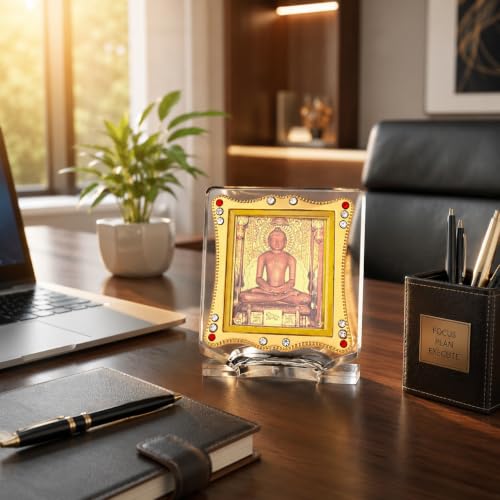 Image of Lord Jain Mahavir Swami Idol for Car Dashboard Showpiece Decor (Jain Namokar) Golden Foil (Plated