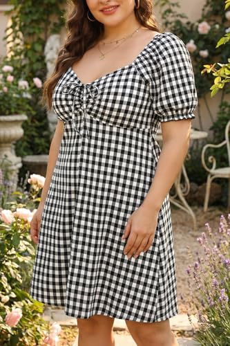 Image of Pinup Fashion Women Plus Size Casual Puff Sleeve Summer Sundress Smocked Short A Line Babydoll Cute Mini Dresses