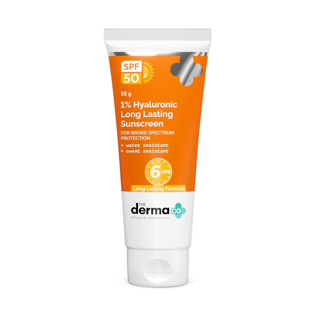 The Derma Co 1% Hyaluronic Long Lasting Sunscreen | SPF 50 PA++++ | With Hyaluronic Acid & Vitamin E | For Broad Spectrum Protection | Upto 6H Sun Protection | Water & Sweat Resistant | No Reapplication Needed | 50 g
