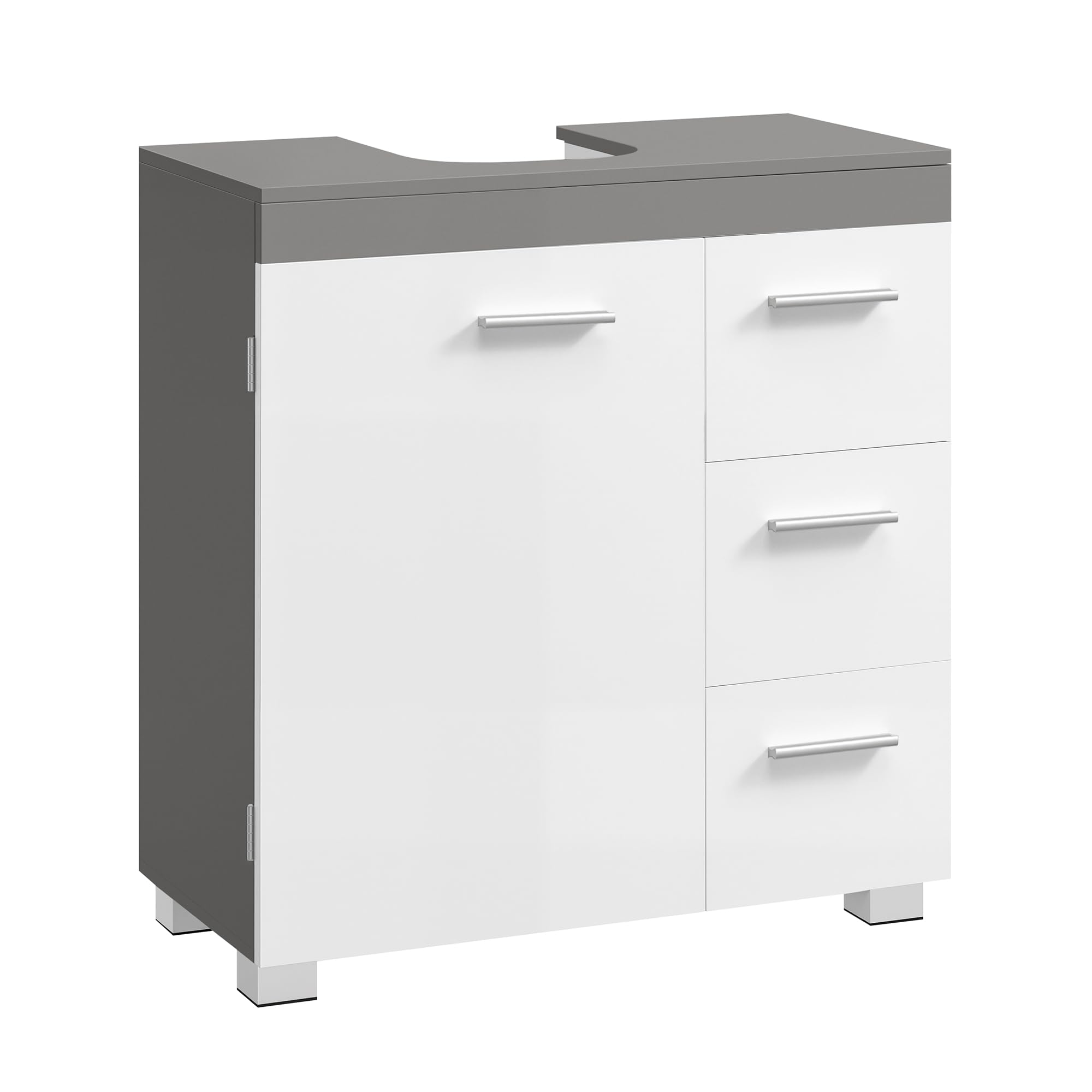 VASAGLE Waschbeckenunterschrank, Badezimmerschrank, 3 große Schubladen, 30 x 60 x 64 cm, Badschrank, 2 Fächer hinter der Tür, Badezimmer-Unterschrank mit Füßen, wolkenweiß-zementgrau BBK513GU01