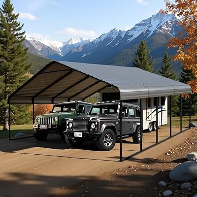 poborin 20 x 20 FT Heavy Duty Metal Carport with Steel Roof & Frame Car Port for 2 Cars Galvanized Garage Canopy Shelter Safe Large Carports Boat Shelter Tent Cover for Yard