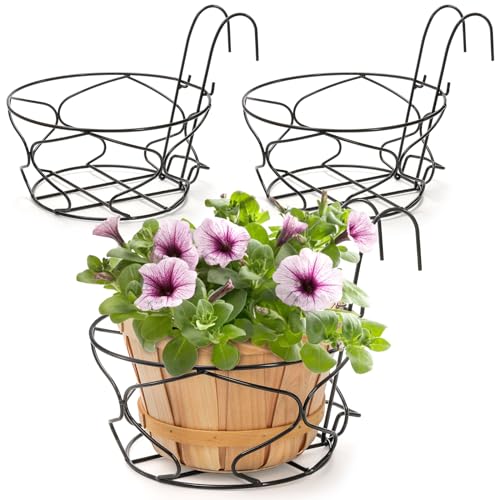 Noamus 3 Pack 10' Hanging Railing Planters Basket, Round Iron Rack Fence Shelf, Metal Wire Flower Pot Holder, Plants Hangers with Detachable Hook for Balcony Garden Indoor and Outdoor (Black)