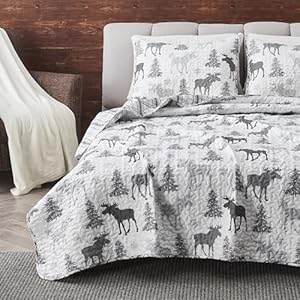 Lodge Bedspread Full/Queen Size Quilt with 2 Shams. Cabin 3-Piece Reversible All Season Quilt Set. Rustic Quilt Coverlet Bed Set. Wilderness Collection (Moose - Grey) Lodge Bedspread FullQueen Size Quilt with 2 Shams Cabin 3 Piece Reversible All Season Quilt Set Rustic Quilt Coverlet Bed Set Wilderness Collection Moose Grey