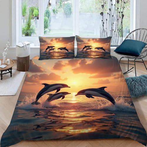 Housse de couette 200x200 dauphin 3D avec 2 taies d'oreiller en microfibre douce