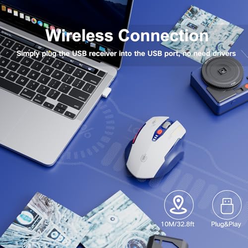 Image of Uineer Wireless Mouse, [Upgraded] Visible Battery Display，Rechargeable Laptop Mice 2.4G USB, 4 Adjustable DPI Levels,Optical Raton Wireless for Laptop PC Computer,White and Blue