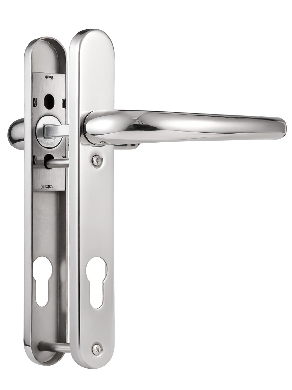 SORWDUERM Polished Chrome Door Handles Set 92mm PZ Centres 122mm Screw Hole Distance 220mm Backplate Length Replacement Door Lever for UPVC Composite Timber Door Stainless Steels