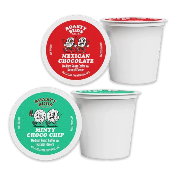Roasty Buds Coffee Mexican Chocolate & Minty Chocolate Chip Pods 24 Count | Single-Serve 11g Per Pod | Recyclable, Gluten-Free, Non-GMO, No Sugar/Dairy/Soy/Egg