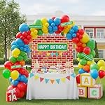 Sesame Friends Birthday Party decorations 140Pcs Cartoon Theme primary color Balloon Garland Kit with red brick wall Backdrop and birthday sticker for Boys Girls Sesame Theme kids Party supplies