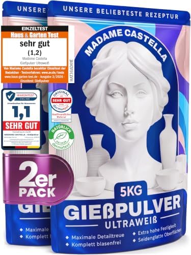 MADAME CASTELLA Gießpulver Weiß 10kg [ULTRAWEIß] Gips zum Gießen | Lufthärtendes Giesspulver Weiss für Silikonformen - Reliefgießpulver - Keramik Gießpulver für traumhafte Ergebnis