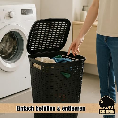 Wäschekorb mit Deckel anthrazit/bräunlich in Rattanoptik XL mit 2 Griffen Wäschetonne Plastik