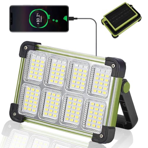 120W Solar Rechargeable Work Light, 144 LED Portable Flood Light with Stand, IP66 Waterproof 4 Modes LED Job Site Lighting Flashlights for Mechanic Camping Fishing Car Repair
