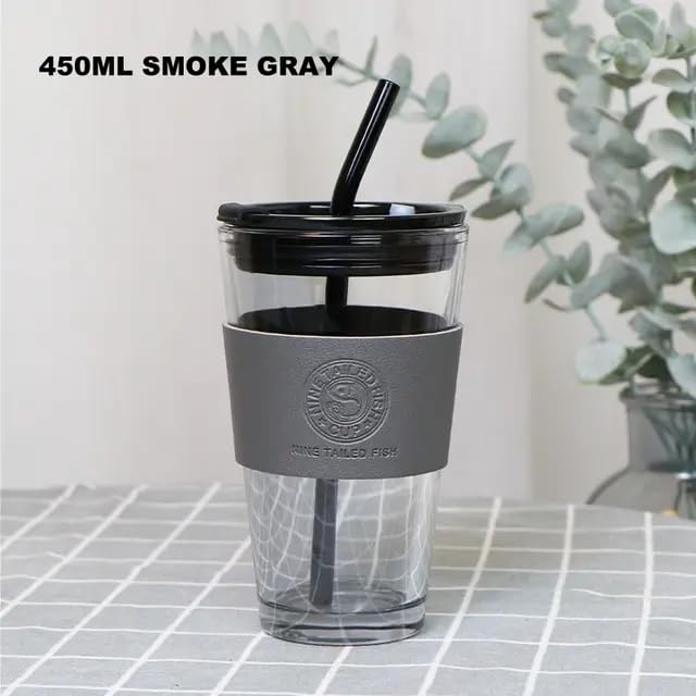 Image of KHOLAD Reusable Glass Coffee Sipper Mugs with Lid & Straw Pack of 1, 400ml Multipurpose Drinking Glasses Tumbler with Leather Sleeve Cup for Juice Smoothies Iced Tea Home & Travel (Grey)