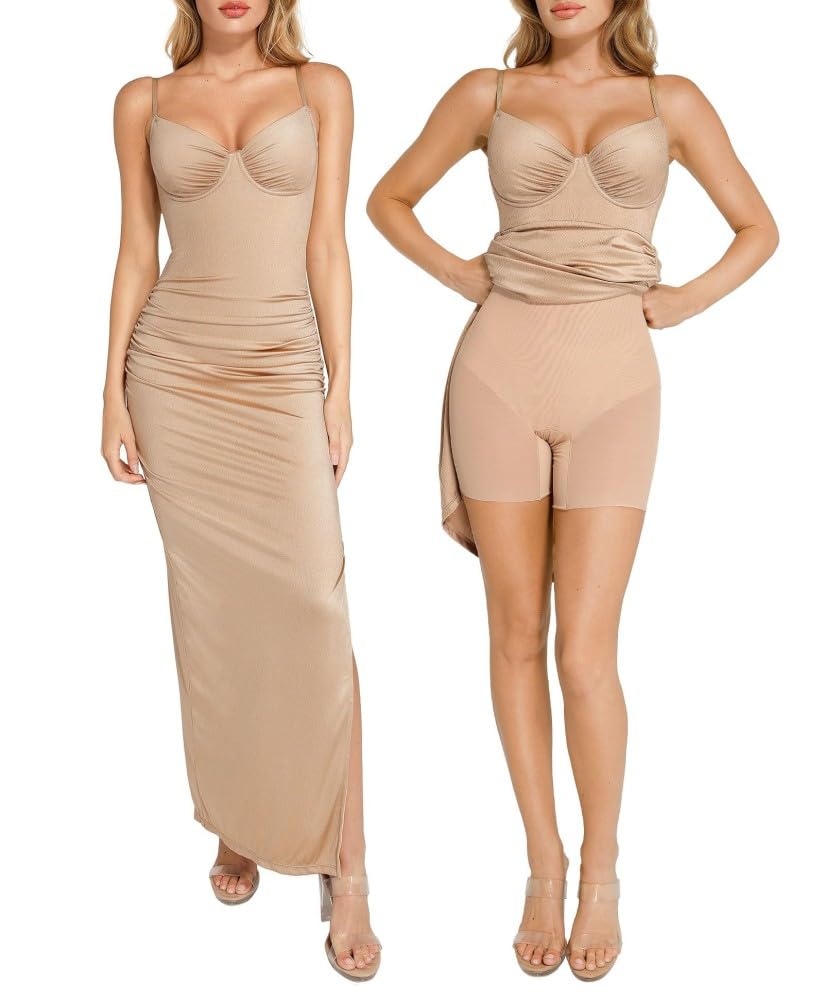 Popilush Cocktail Dresses for Women V Neck Shapewear Dress Sleeveless Maxi | Built-In Bra, Light Tummy Control, Spaghetti Straps, Long Satin Dress for Wedding Guest Party Evening Date Night