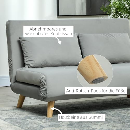 HOMCOM 3 in 1 Schlafsofa 130 x 190 cm Sofa mit Bettfunktion, Klappbar Couch mit Lendenkissen, Samtoptik, Verstellbarer Rückenlehne für Wohnzimmer, Schlafzimmer, Hellgrau