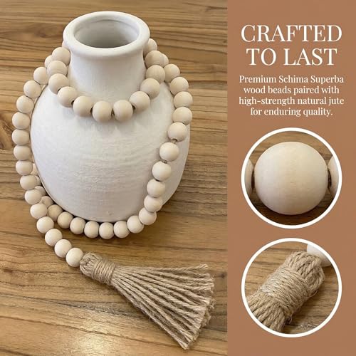 Farmhouse Beads 58in Wood Bead Boho Tassel Garland - Rustic Country Boho Chic Decor for Wall, Above Cabinet & Table
