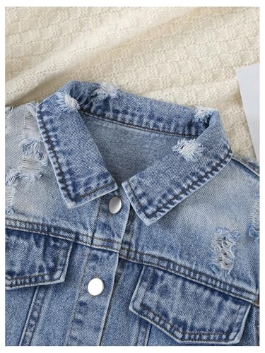 MakeMeChic Girl's Ripped Denim Jacket Long Sleeve Raw Hem Button Down Grunge Y2K Jean Coats4