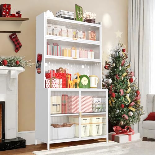 Image of Ball & Cast 73″Pantry Cabinet,Versatile Metal Storage Cabinet with Microwave Shelf,Pegboard Spacious, Adjustable Shelves Moden Kitchen Cabinet w /Anti-Tipping Safety for Kitchen,Dining Room,White