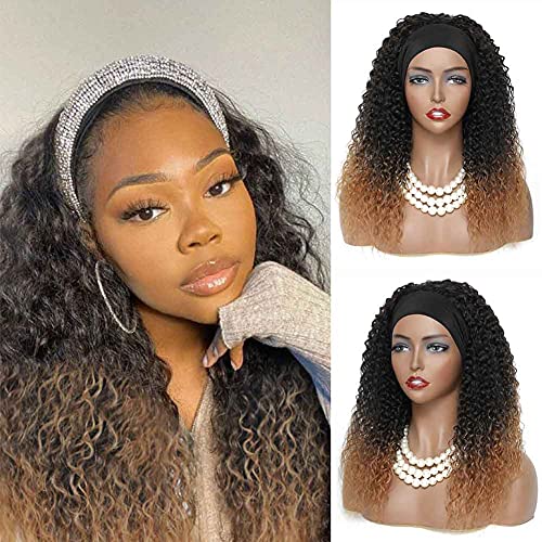 SOKU Jerry Curly Headband Wigs Synthetic Hair Mixed 30% Human Hair 130% Density Soft Heat Friendly Natural Curls Quick Install Headband Wigs for Black Women Ombre Colored Kinky Curly Wig Women's Gift
