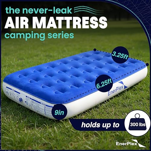 Image of EnerPlex Camping Air Mattress with Built in Pump - Twin Blow Up Mattress for Travel Guests - Portable Bed for Adults and Kids - Blue Open Box