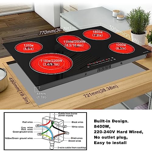 Image of Noxton Electric Cooktop 30 Inch, 8400W 5 Burners Drop-in Radiant Electric Stove Top, Sensor Touch Control, 9 Power Levels, Child Safety Lock, Timer,40Amps 220-240V Hardwire