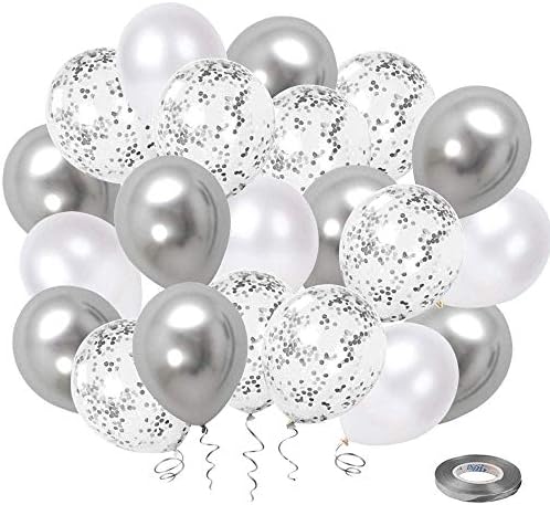 Silver and White Balloons UNOEYSAT White Silver Confetti Metallic Balloons 50 Pcs 12 inch Latex Helium Balloons Set as Wedding Boys Birthday Baby Shower Gratuation Party Decoration