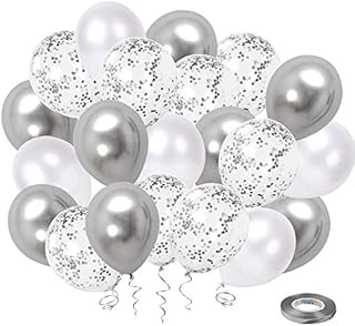 Silver and White Balloons UNOEYSAT White Silver Confetti Metallic Balloons 50 Pcs 12 inch Latex Helium Balloons Set as Wedding Boys Birthday Baby Shower Gratuation Party Decoration