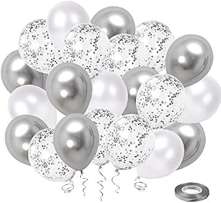 White Silver Confetti Latex Balloons, 50 Pack 12inch Silver Metallic Chrome Party Balloon