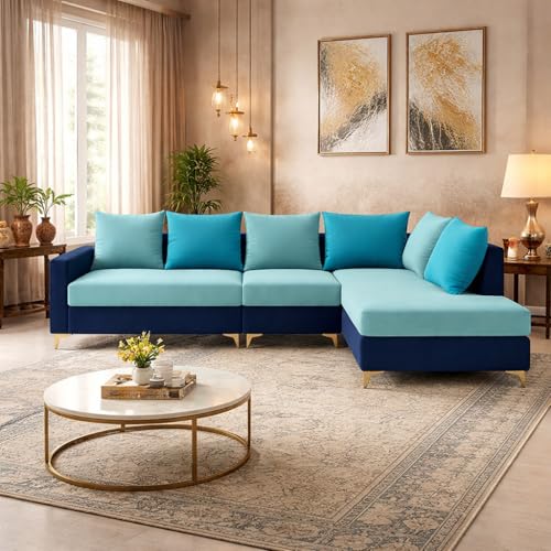 Image of FURNY Gloriss 6 Seater Fabric RHS L Shape Sofa Set with Multi-Color Aqua Blue Cushions (Sky Blue-Dark Blue) Premium Velvet Finish with Golden Legs | Ideal for Living Room, Offices