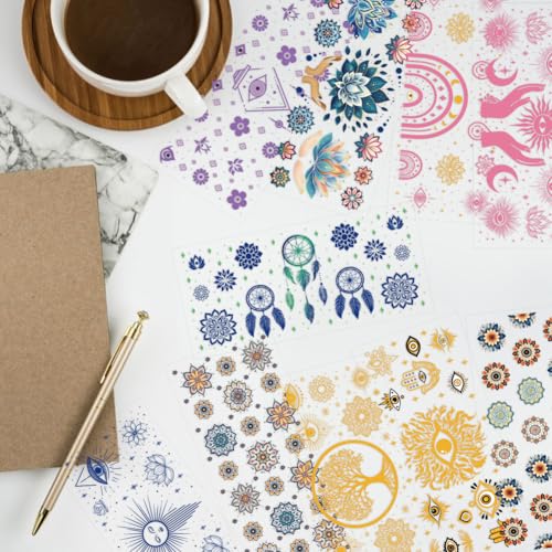 arricraft 10 Sheets Boho Style UV DTF Cup Wrap Tree of Life Sun and Moon Devil's Eye Rub on Transfers Waterproof PVC Paper Rub on Decals for DIY 16OZ Glass Cups Furniture Wood - Image 3