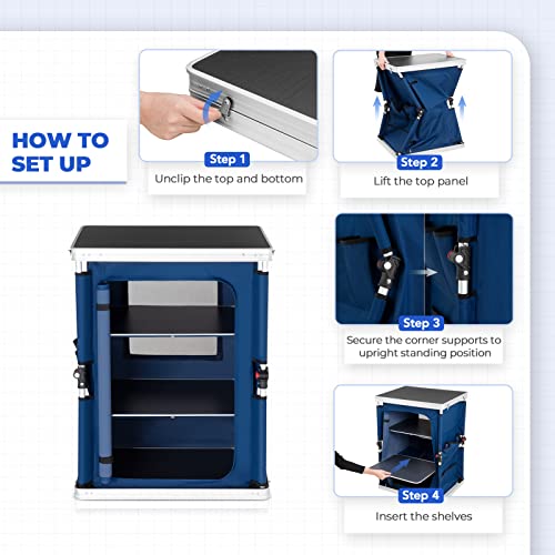 Eagle Peak Outdoor Camping Pop Up Folding Table With Large 3-Tier Storage Organizer And Side Pockets, Easy Set Up Portable Lightweight Aluminum Camping Kitchen, Blue #TOP6