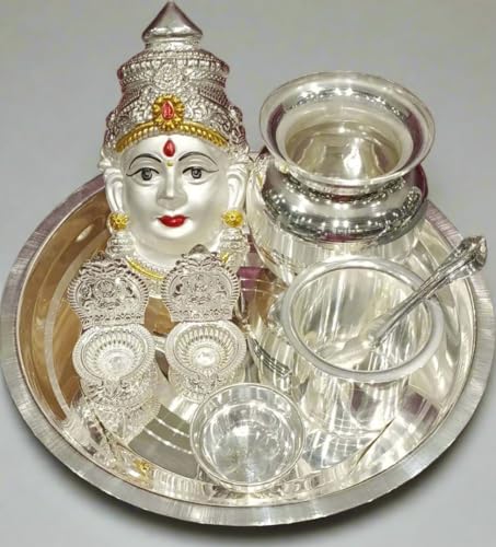 indiancraftsbykanika silver plated pooja thali set for housewarming/diwali set of 8 pieces