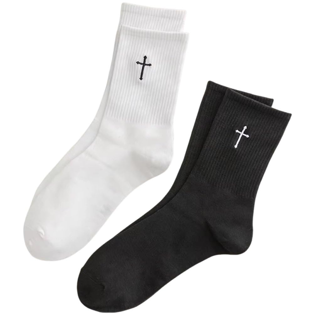 Uzztfa Women's Style2 2 Pairs Crew Socks, Embroidered Cross Socks White Black Sports Socks Breathable Cotton Athletic Socks For Running Sports Training