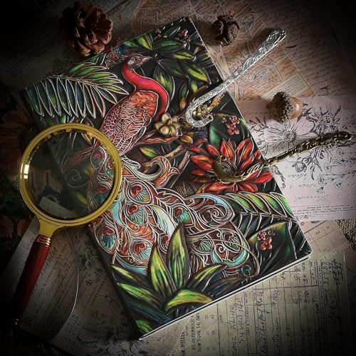 Image of MANAKI 3D Peacock DND Vintage Leather Journal Writing Notebook with 200 Page A5 Journal Diary,Antique Handmade Leather Diary,Travel Diary&Notebook to Write in,Diary Gift for Men Women
