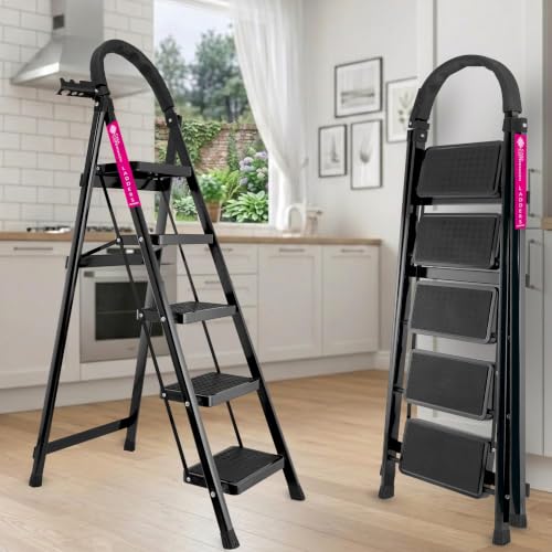 Image of Casa Copenhagen Black 5 Step Ladder for Home Use with Built-in Tool Tray | Heavy Duty D Shape Rods | Ultra Large Platform | Wide Rubber Feet | 150Kg Capacity Foldable Ladder - 7 Years Warranty