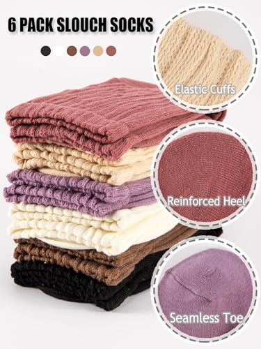 Image of 6 Pairs Women Slouch Socks, Mid Calf Rib Tube Scrunchy Slouchy Crew Socks for Women, Cotton Casual Socks