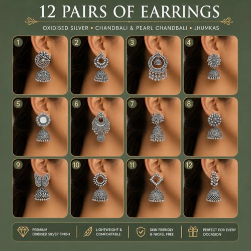 Image of (12 Pair) Oxidised Silver Jhumka Earrings for Women | Stylish Fashion Earrings Combo | Chandbali & Pearl Chandbali Earrings | Traditional South Indian Jhumkas for Girls & Women