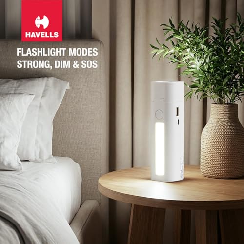 Image of Havells Orbital 2-in-1 Rechargeable Torch 4W| Converts into Table Lamp| Inbuilt Power Bank |Side Light | Mobile Stand | Type-C Charging| Runtime : Upto 6 Hours | Outdoor, Reading, Mobile Charging