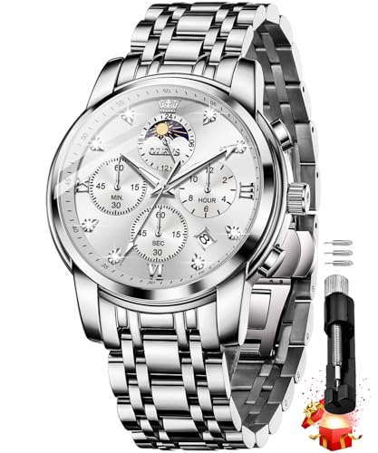 Image of OLEVS Chronograph Watches for Men Original Analog Quartz Black Stainless Steel Chain Luxury Dual Time Zone Moon Phase Date Waterproof Men's Wrist Watch