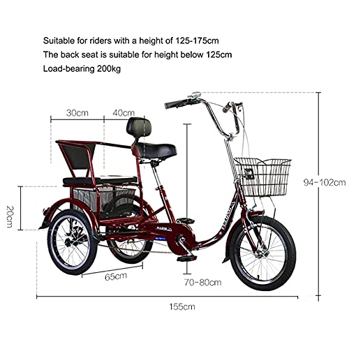 Triciclo adulto DINNA de 16 pulgadas, velocidad única, con asiento trasero y canasto para carga, altura ajustable, capacidad de carga de 200 kg, para mujeres y hombres, color rojo vino miniatura 2
