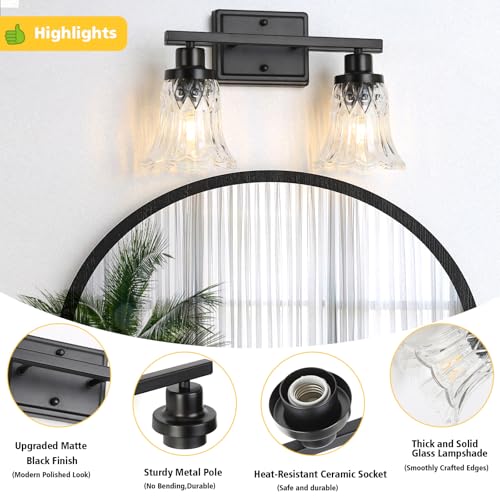 Image of JOPESO Bathroom Light Fixtures,Matte Black 2-Light Bathroom Lights Over Mirror with Glass Shade,Bathroom Wall Sconce Lamp for Mirror Living Room Bedroom Hallway (Black, 2-Light)