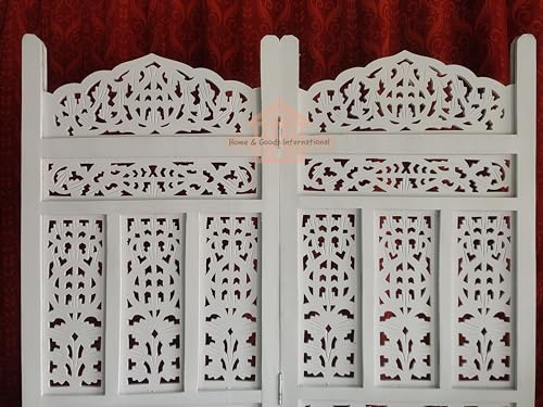 Image of Home & Goods International Wooden Room Divider Partition - Foldable Wood Screen Separator for Living Room, Bedroom, Office, Restaurant || Kangra Badrun Design, White (2 Panel with Stand)