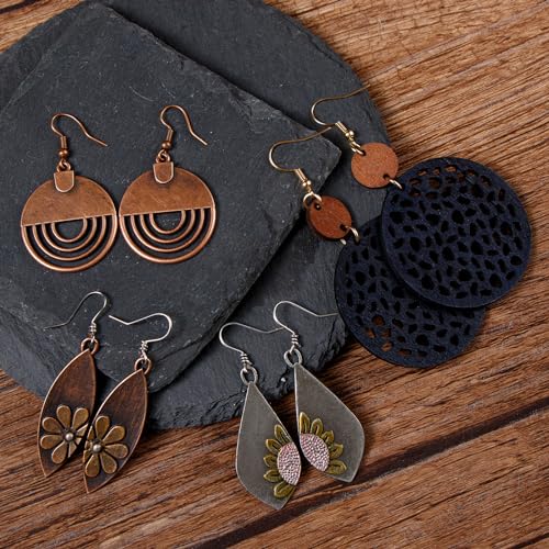 6/9 Pairs Boho Earrings Vintage Wooden Geometric Leather Earrings Flower Earrings Handmade Big Bohemian Trendy Earrings for Women2