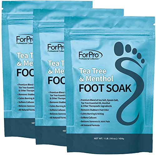 ForPro Professional Collection Tea Tree Oil & Menthol Foot Soak with Sea & Epsom Salt for Toenail Athletes Foot, Stubborn Foot Odor Scent, Softens Calluses & Soothes Sore Tired Feet -Pack of 3 16oz.
