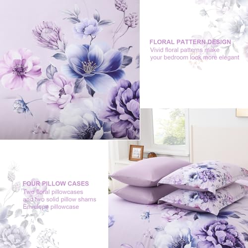 Image of Floral King Size Comforter Set - 7 Piece Botanical Purple Flower Bed in a Bag Ulter Soft Microfiber Bedding Set, Lightweight Bed Comforter Set with Sheets for All Season (Purple, King)