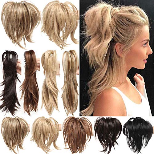 CKVVROOM Ash Blonde,Messy Bendable Claw on Ponytail Hairpiece Clip in Jaw with 3 Bendable Metals Synthetic Straight Fluffy Hair Extension Customizable Updo Style