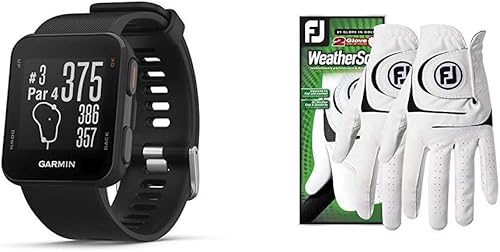 Garmin Approach S10 - Reloj de golf ligero con GPS, color negro, paquete 010-02028-00 con Footjoy WeatherSof 2 guantes de golf para hombre, color
