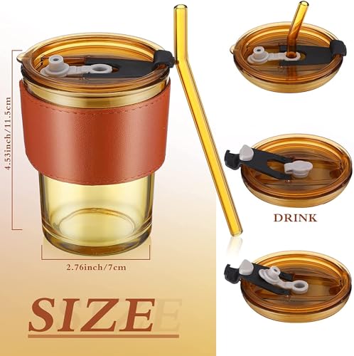 Image of KHOLAD Glass Tumbler with Anti-Slip Leather Sleeve Pack of 1, 400ml Drining Coffee Sipper with Lid and Glass Straw for Iced Tea,Smoothie, Cocktail Indoor & Outdoor Cup (Amber)